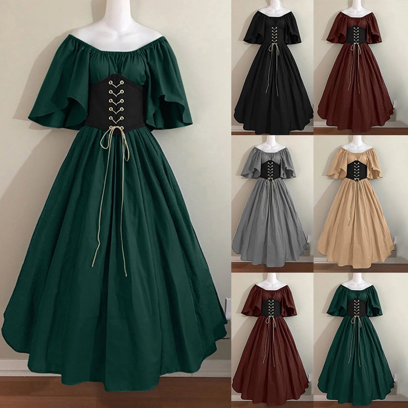 Renaissance Dress Women,Womens Renaissance Costumes Medieval Irish Traditional plus Size Dresses Ruffle over Dress Corset Retro Cosplay Gown